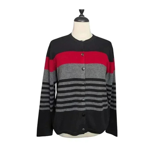 DressBarn Small Red Black Gray Striped Button Front Cardigan Knit Sweater - Picture 1 of 6